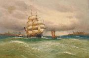 Alfred Jensen Marine mit Segelbooten, im Hintergrund Stadtsilhouette. painting